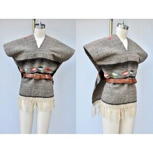 Fringed Poncho Blanket Coat Southwestern Navajo Oversized Poncho Ethnic Boho OS